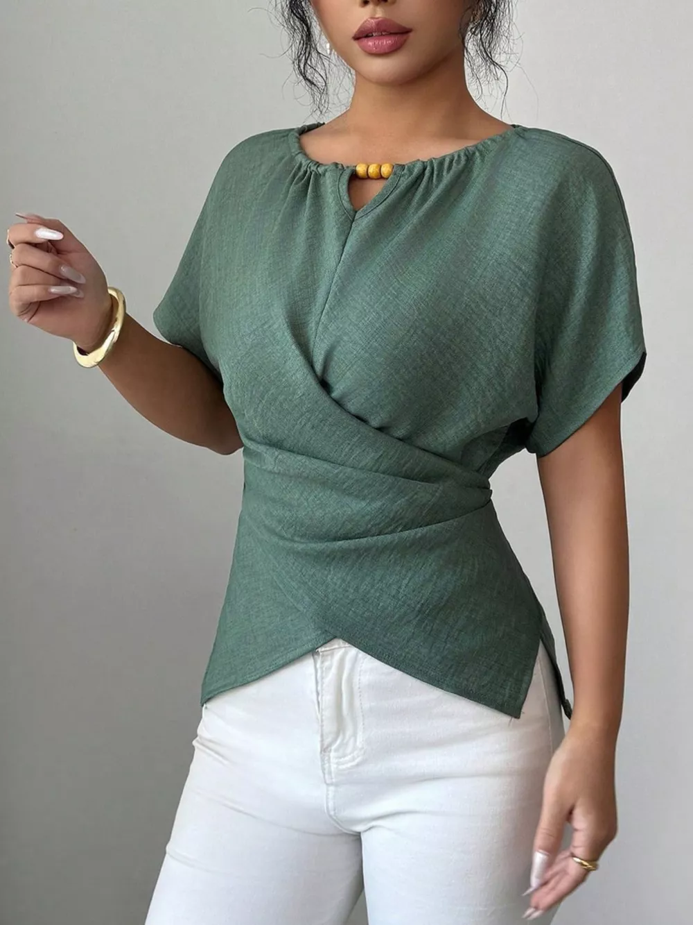 Beaded Neckline Short Sleeve Blouse, image 4