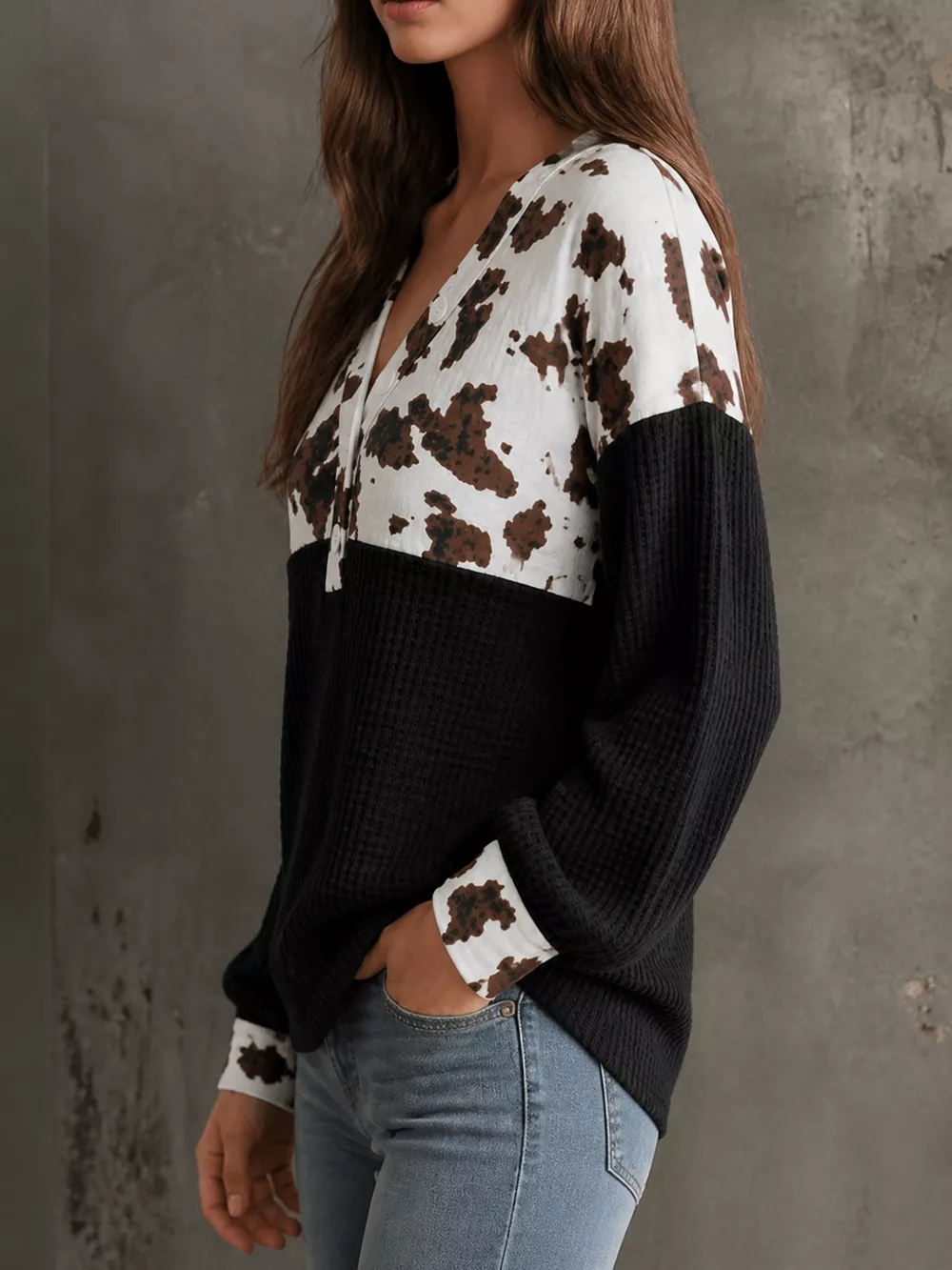Cow Print Color Block Waffle Knit Blouse, image 5