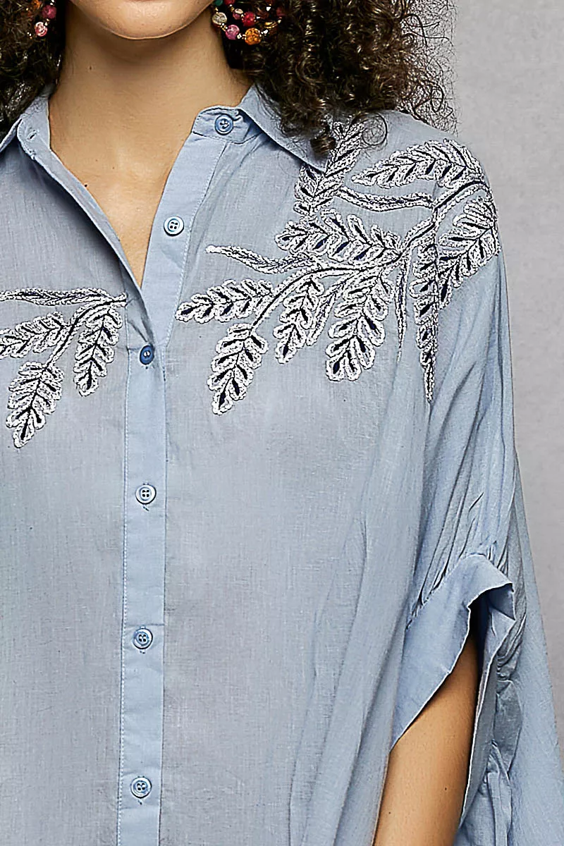 Button Down Embroidered Floral High-Low Hem Shirt, image 6