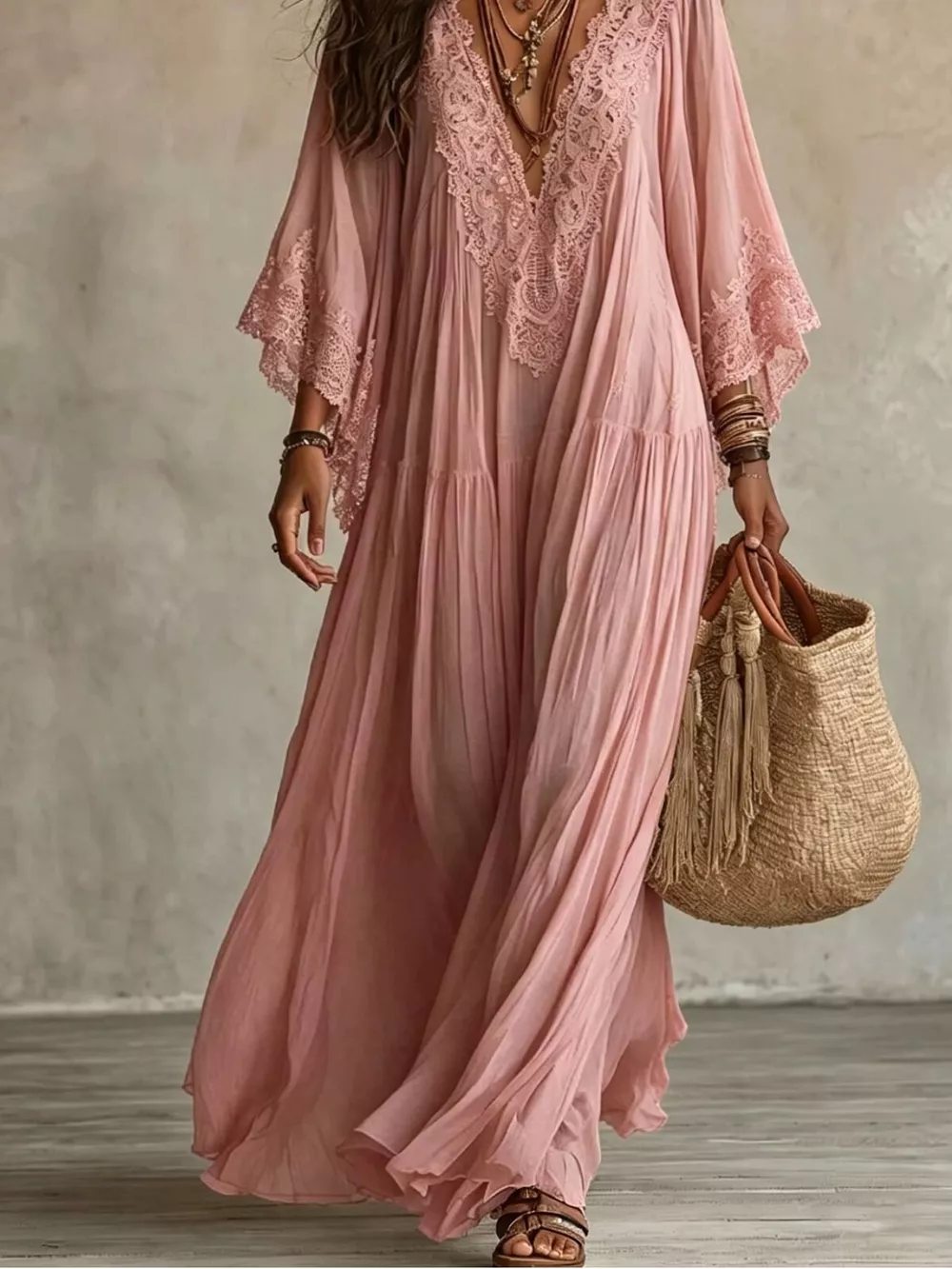 Lace Trim V-Neck Maxi Dress, image 7