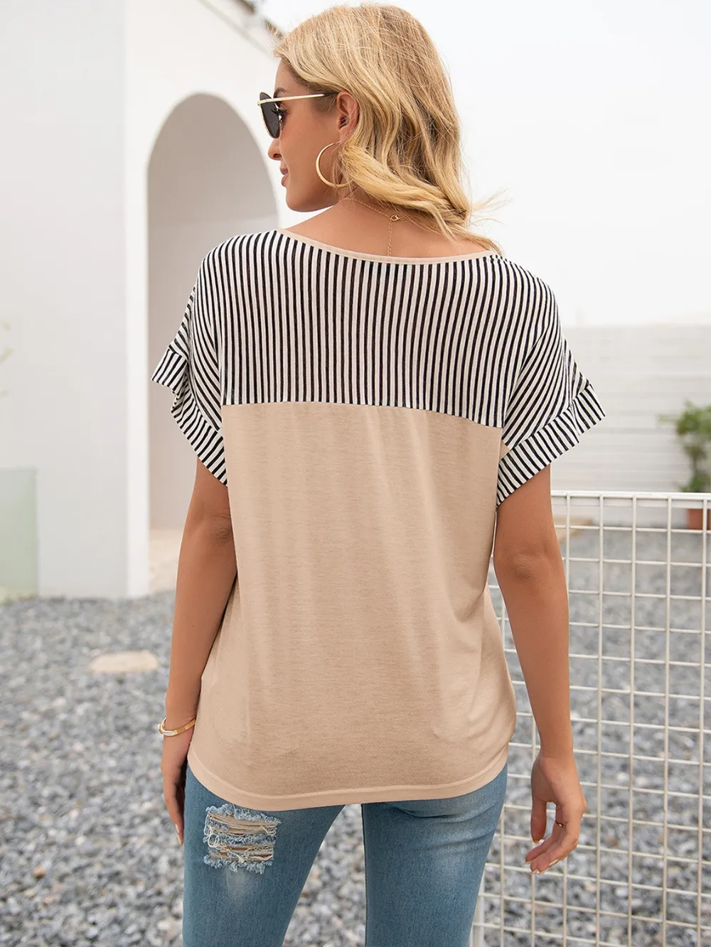 Striped V-Neck Short Sleeve T-Shirt, image 20
