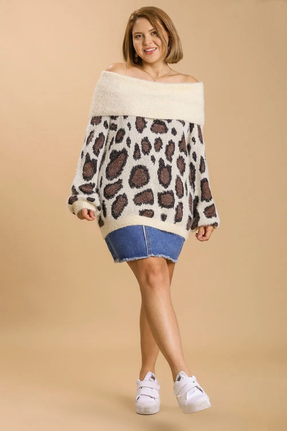 Full Size Leopard Off-Shoulder Long Sleeve Sweater Plus Size, image 7