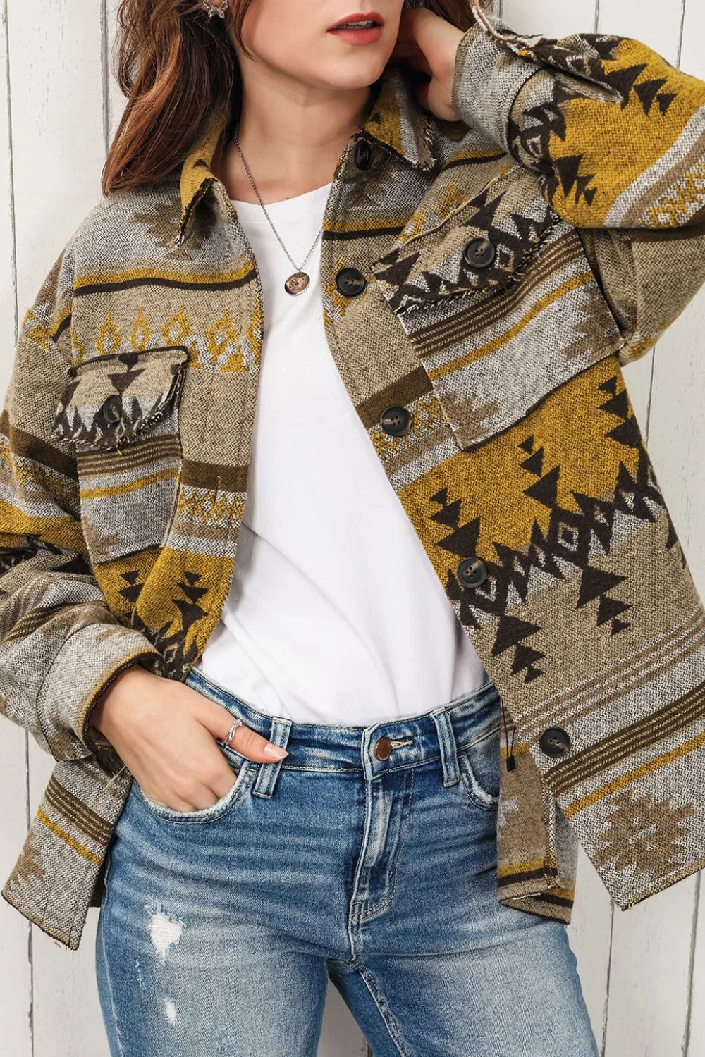 Pocketed Geometric Collared Neck Jacket, image 10