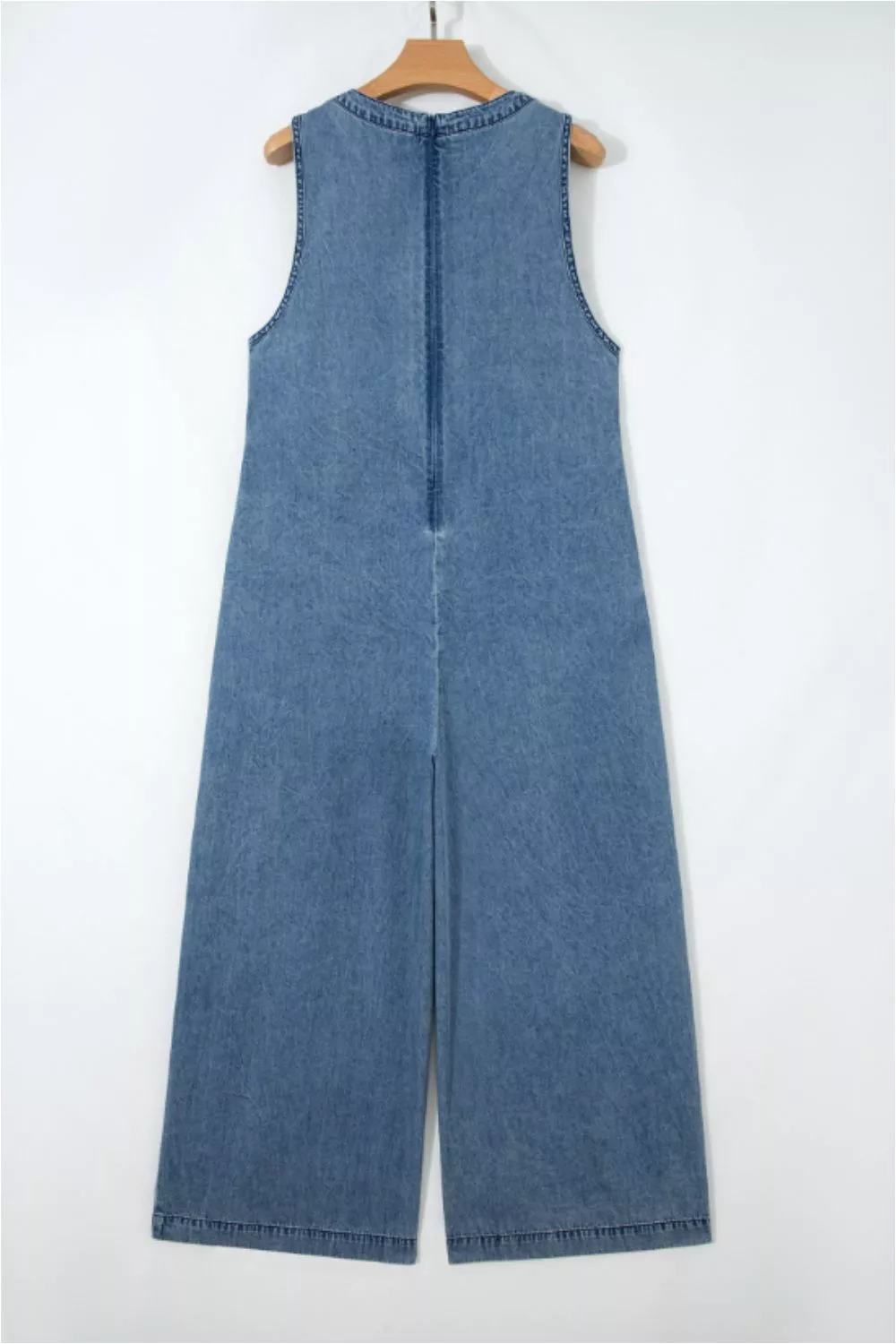 Acid Wash Pintuck Tie V Neck Denim Wide Leg Jumpsuit, image 4