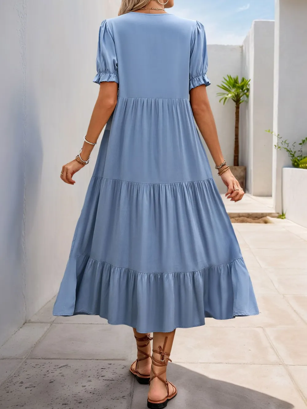 Decorative Button Notched Short Sleeve Midi Dress, image 6