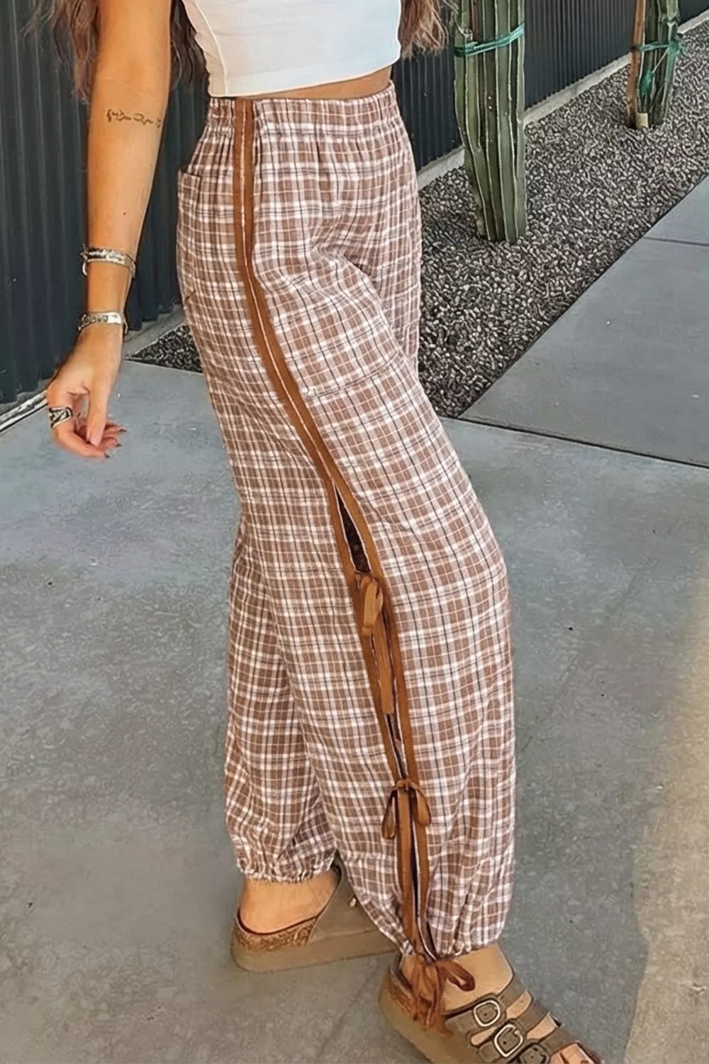 Plaid Print Tie Detail Casual Pants
