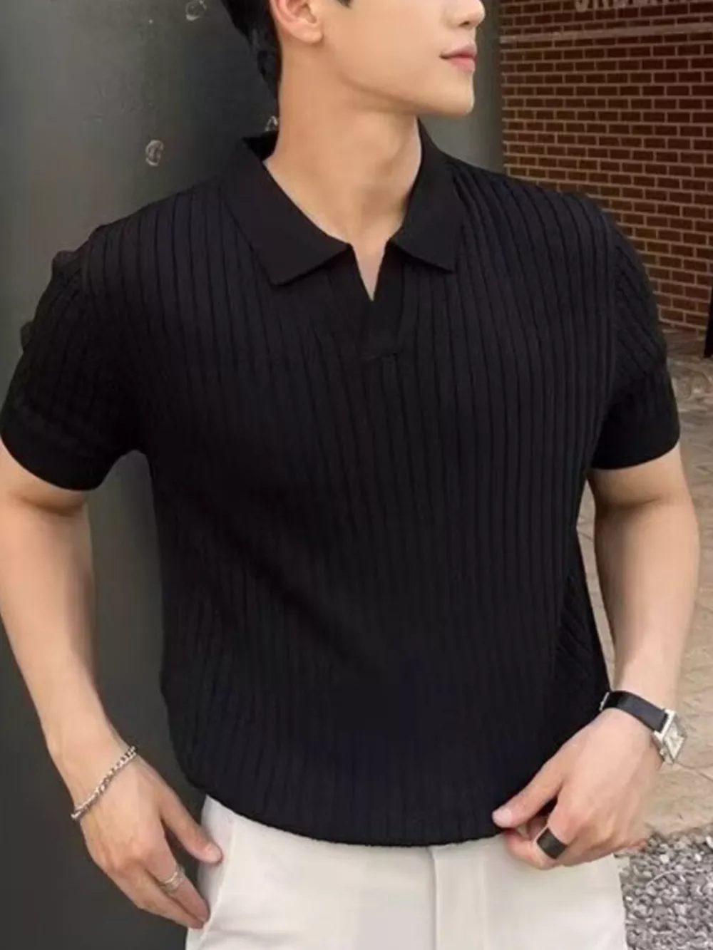 Men's Plus Size Ribbed Knit Short Sleeve Top, image 4