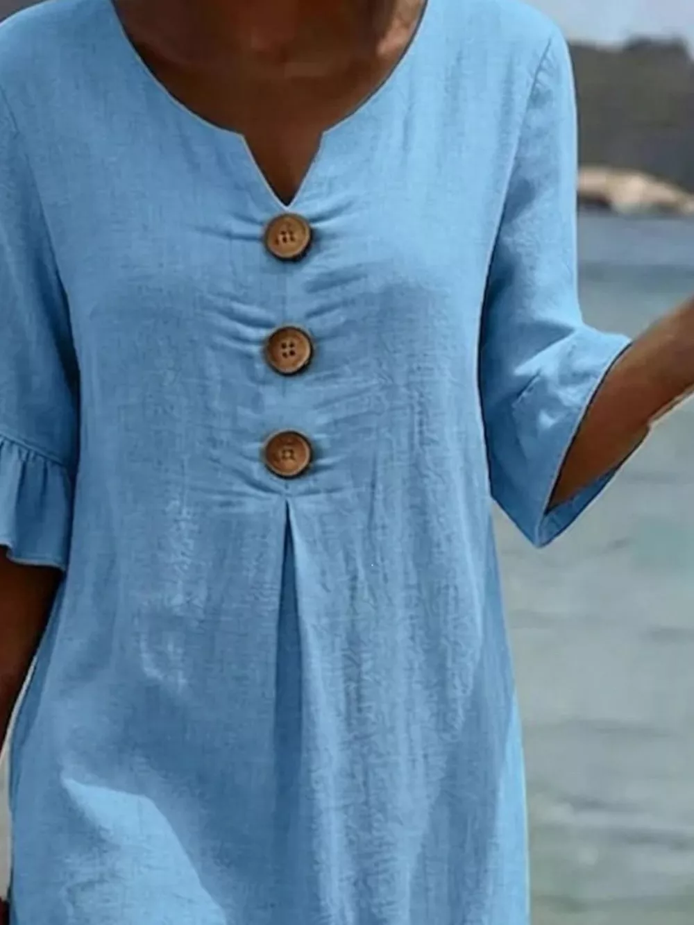 Full Size Button Decor Ruffle Sleeve Midi Dress Plus Size, image 6