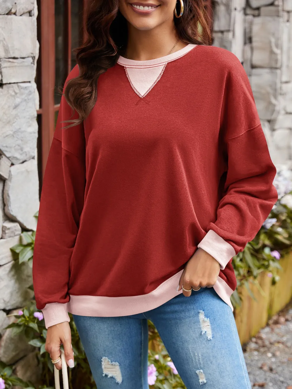 Contrast Round Neck Long Sleeve Sweatshirt, image 29