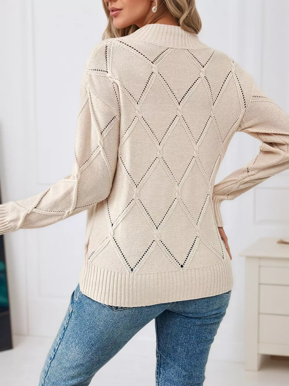 Long Sleeve Diamond Eyelet Knit Top, image 7