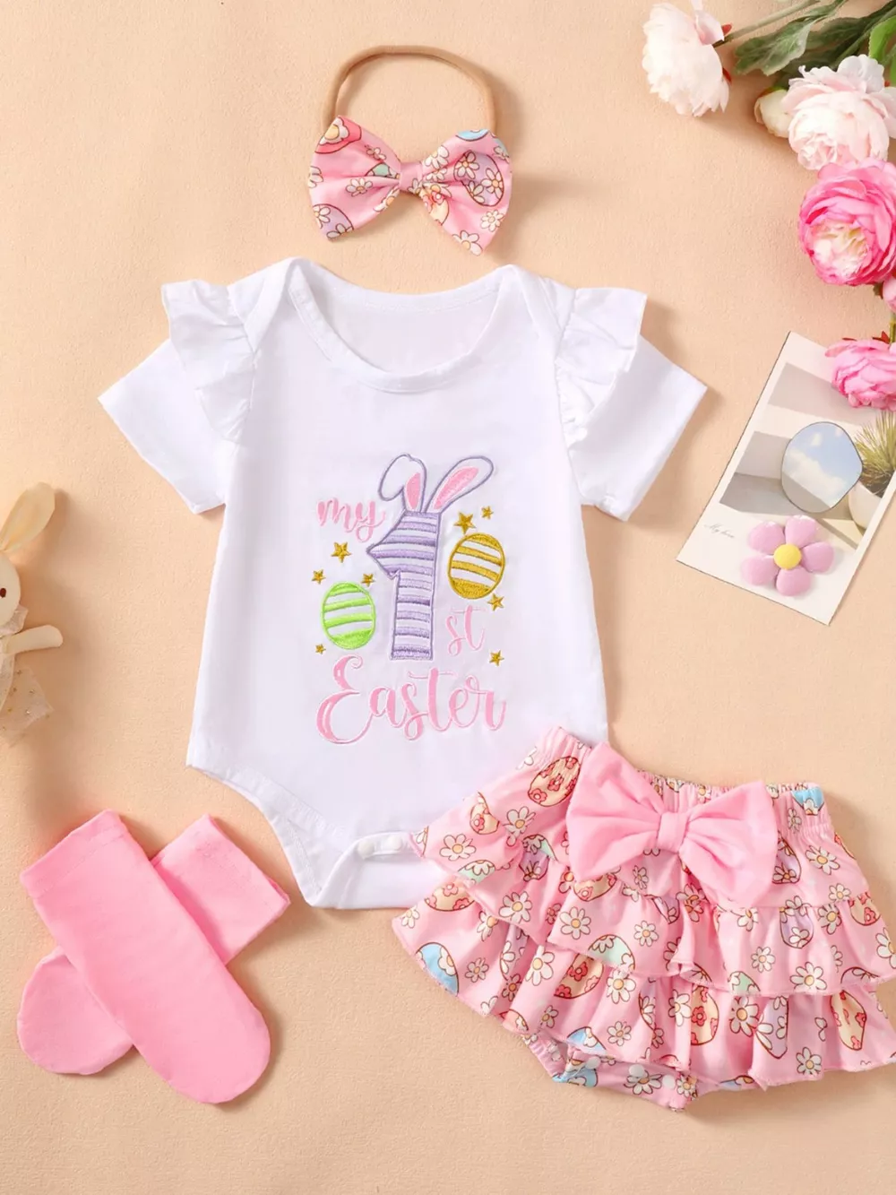 Children's Ruffled Trim Bodysuit and Skirt Set with Headband, image 3