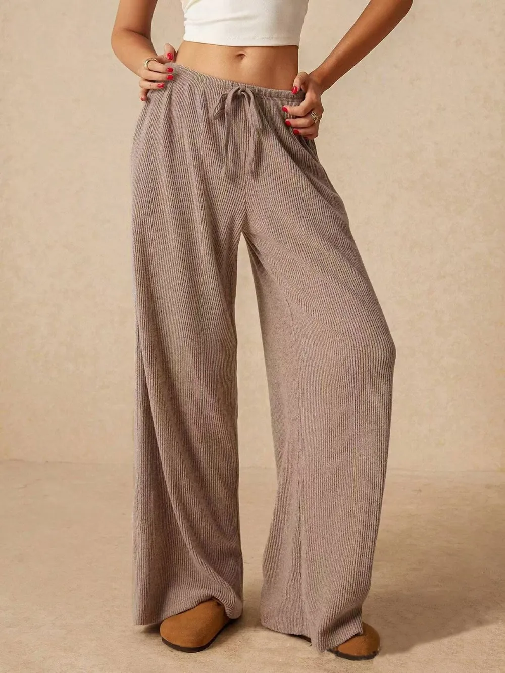 Ribbed Drawstring Wide Leg Pants, image 2