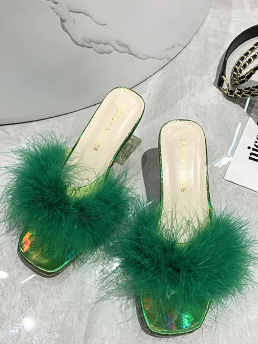 Fluffy Strap Block Heel Sandals, image 6