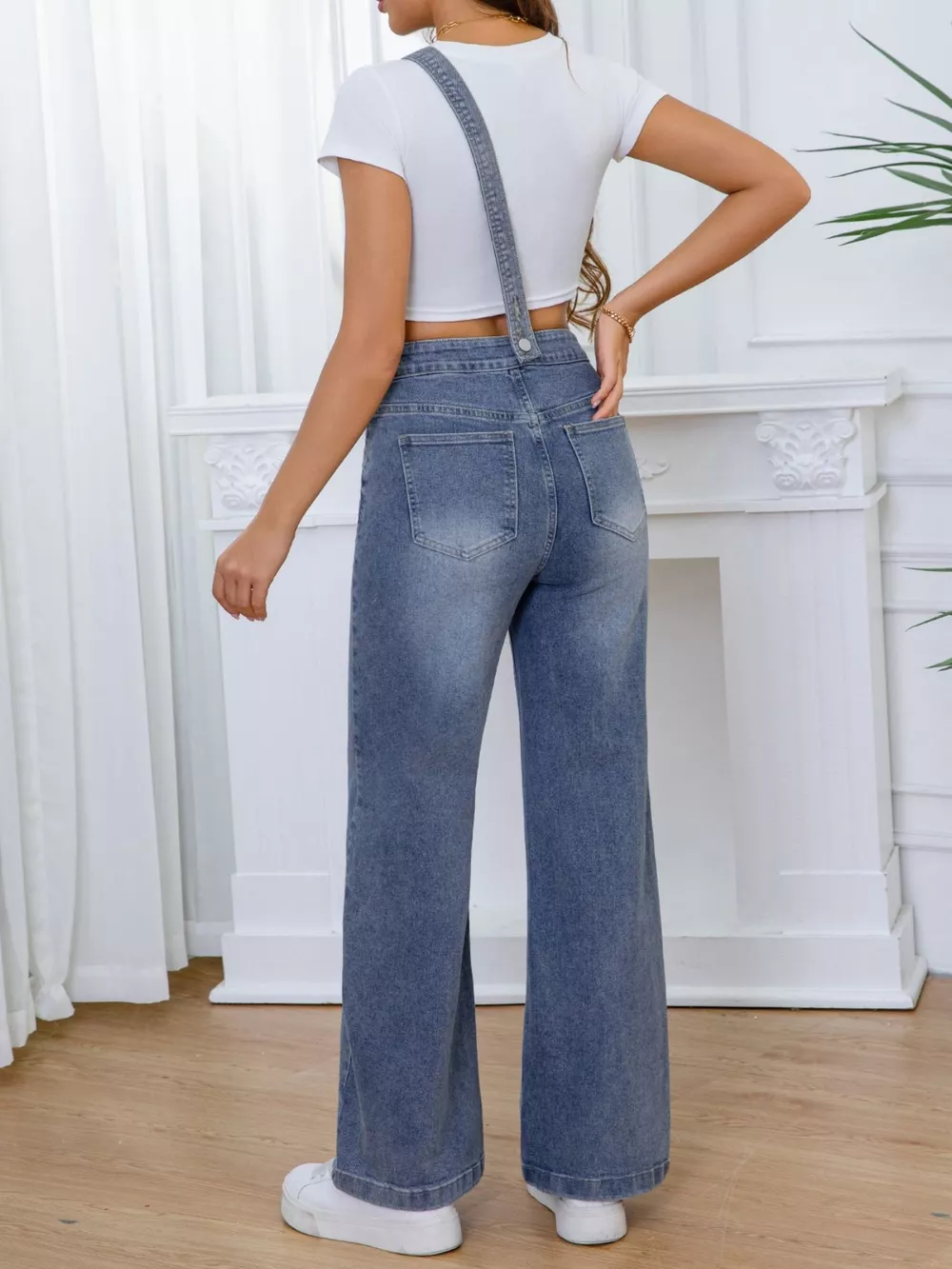 Adjustable Strap Washed Wide-Leg Denim Overalls, image 7