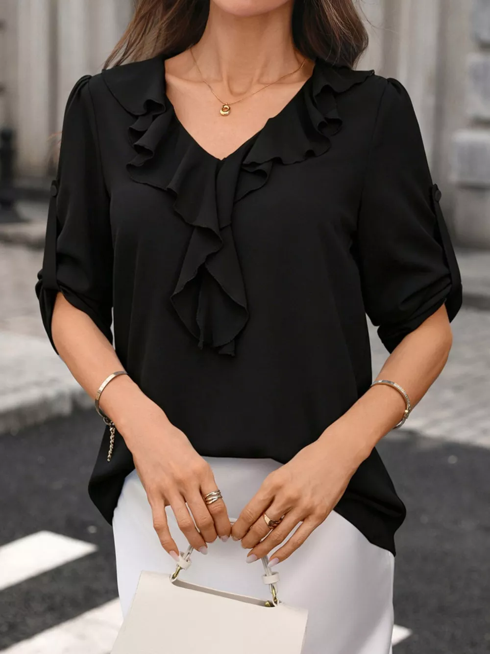 Ruffled V-Neck Roll-Up Sleeves Blouse, image 8