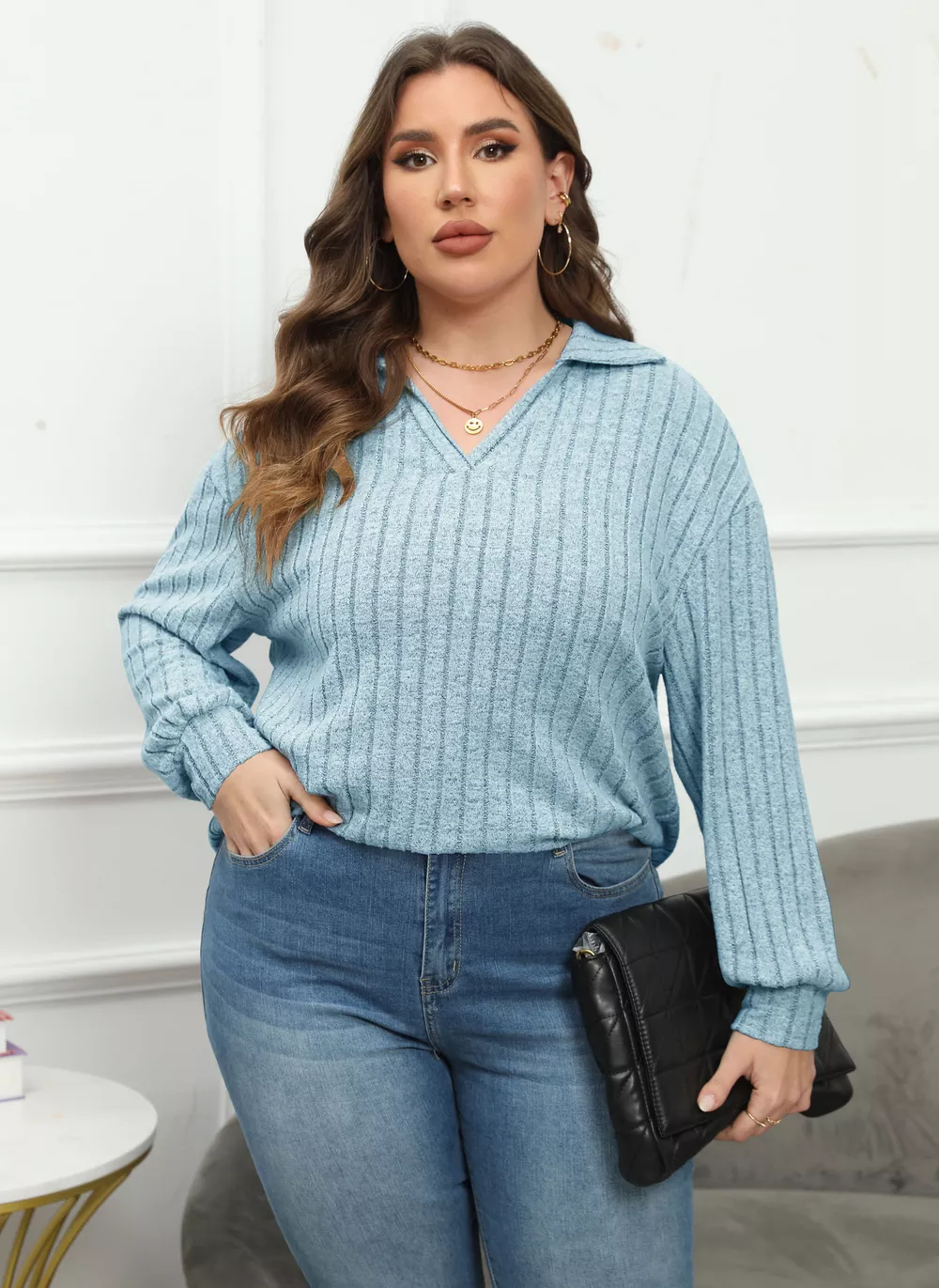 Plus Size Ribbed Knit Polo Collar T-Shirt, image 15