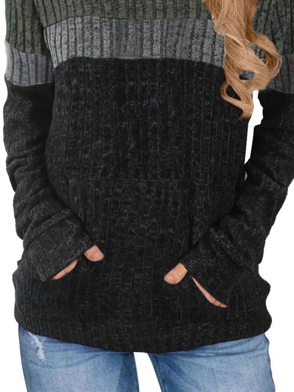 Full Size Color Block Ribbed Knit Hoodie Plus Size, image 15