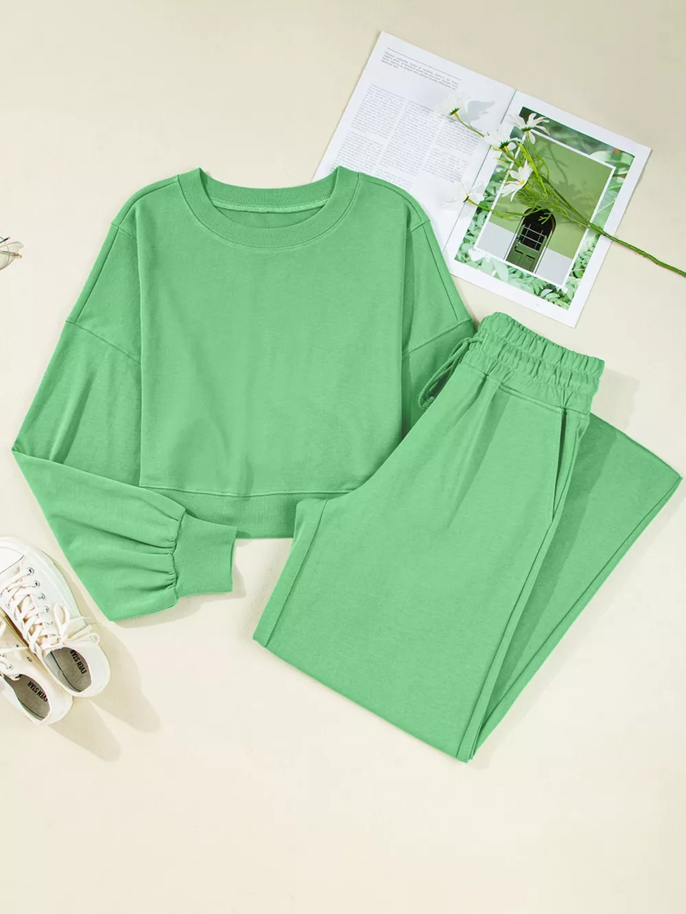 Drop Shoulder Puff Sleeve Crop Top and Drawstring Wide Leg Pants Set, image 7