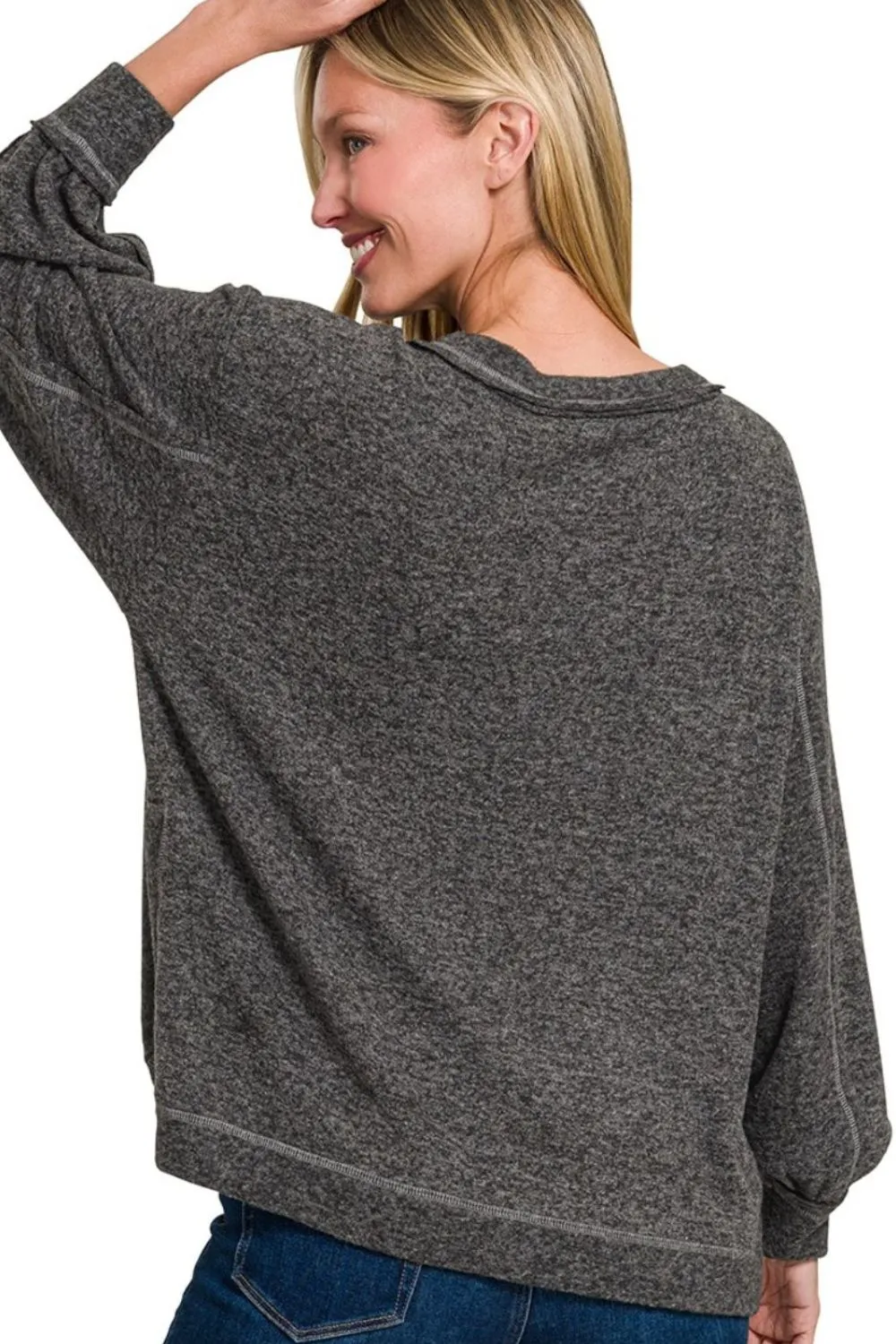 Brushed Hacci Hi-low Round Neck Knit Top, image 2
