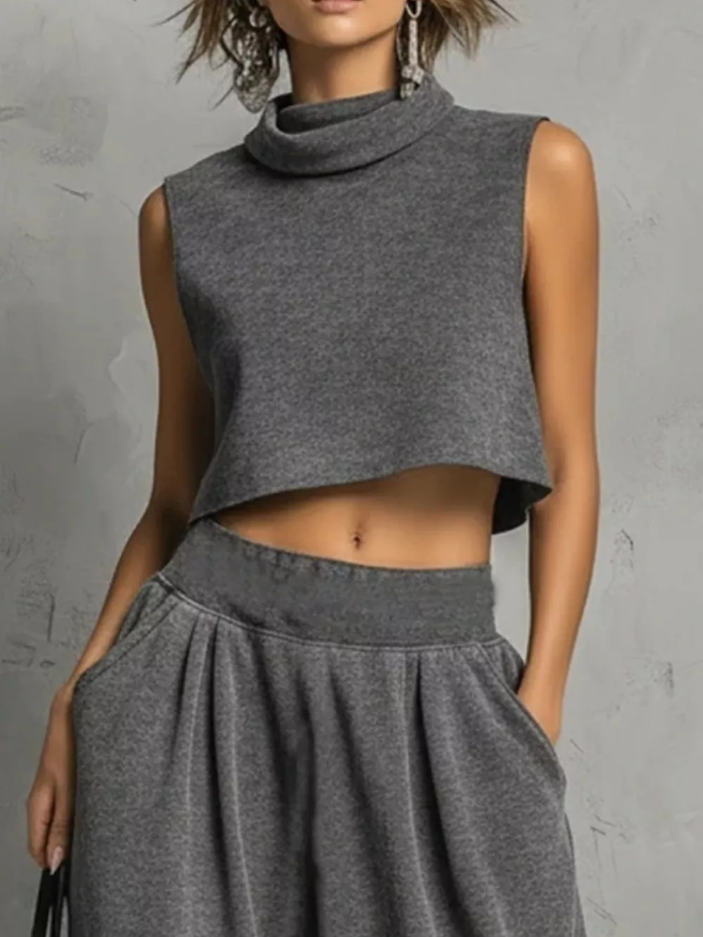 Sleeveless Mock Neck Crop Top and Wide-Leg Sweatpants Set, image 3