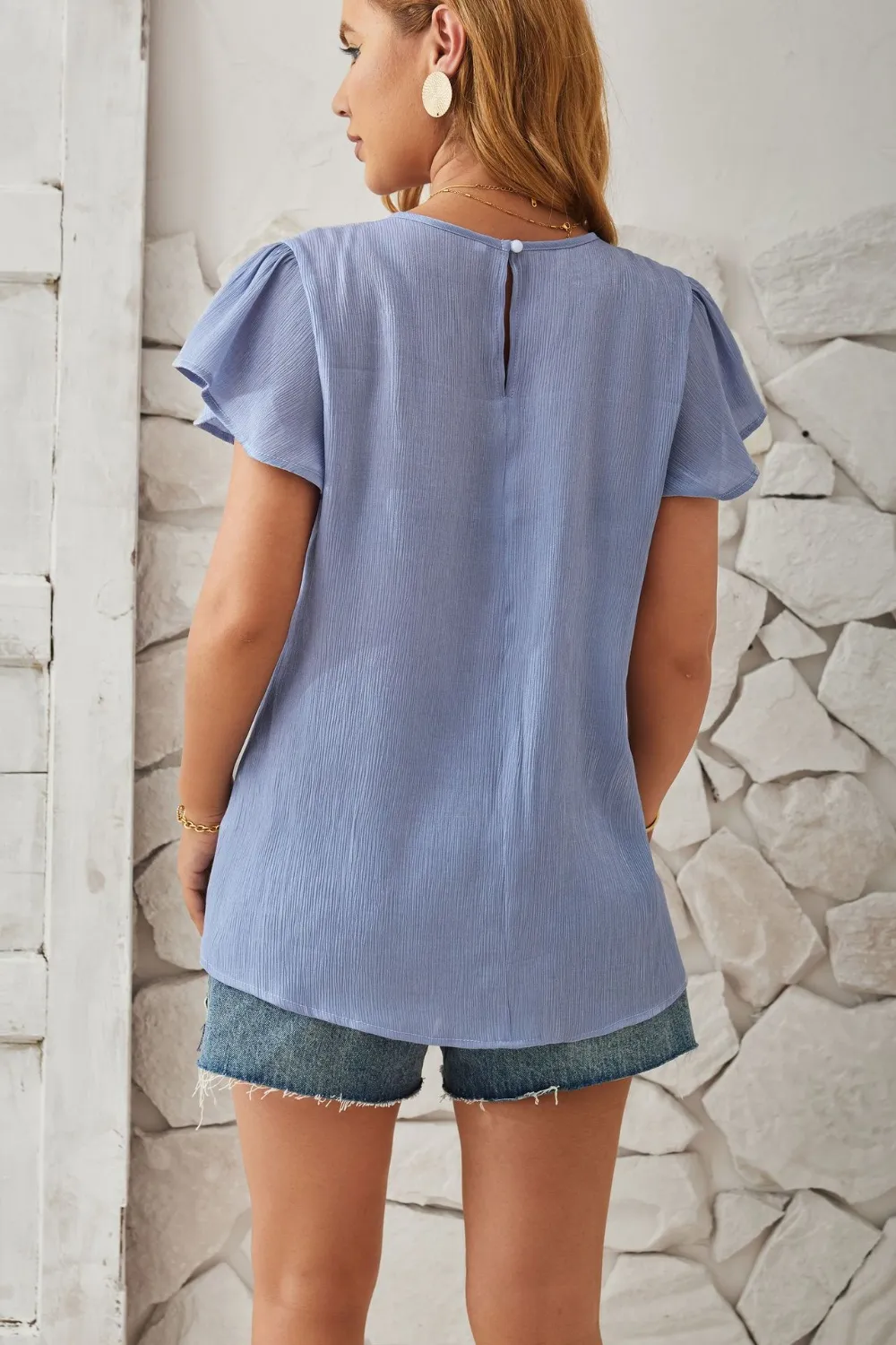 Round Neck Keyhole Cap Sleeve T-Shirt, image 7