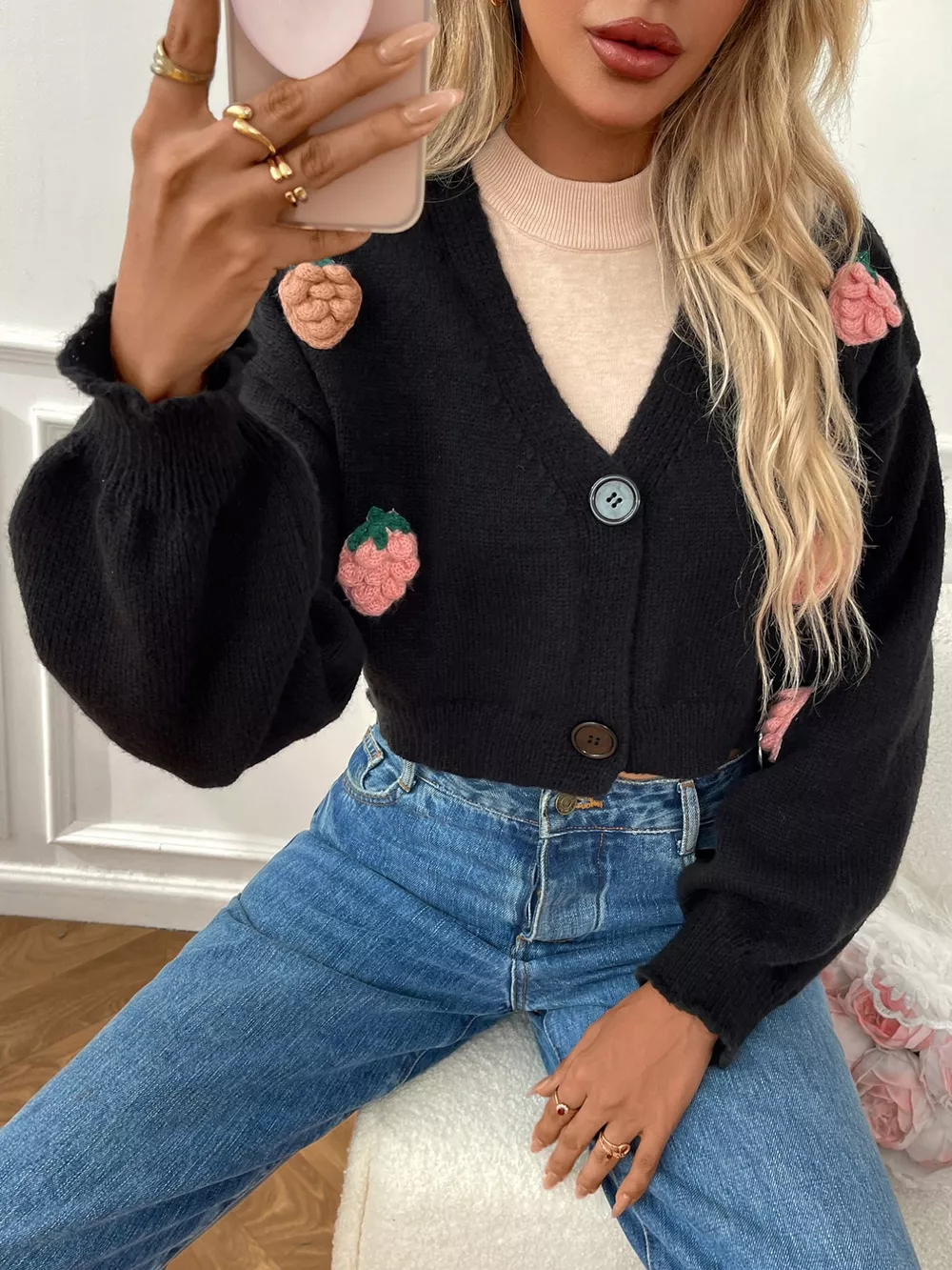 Strawberry Cropped Button-Up Cardigan, image 14