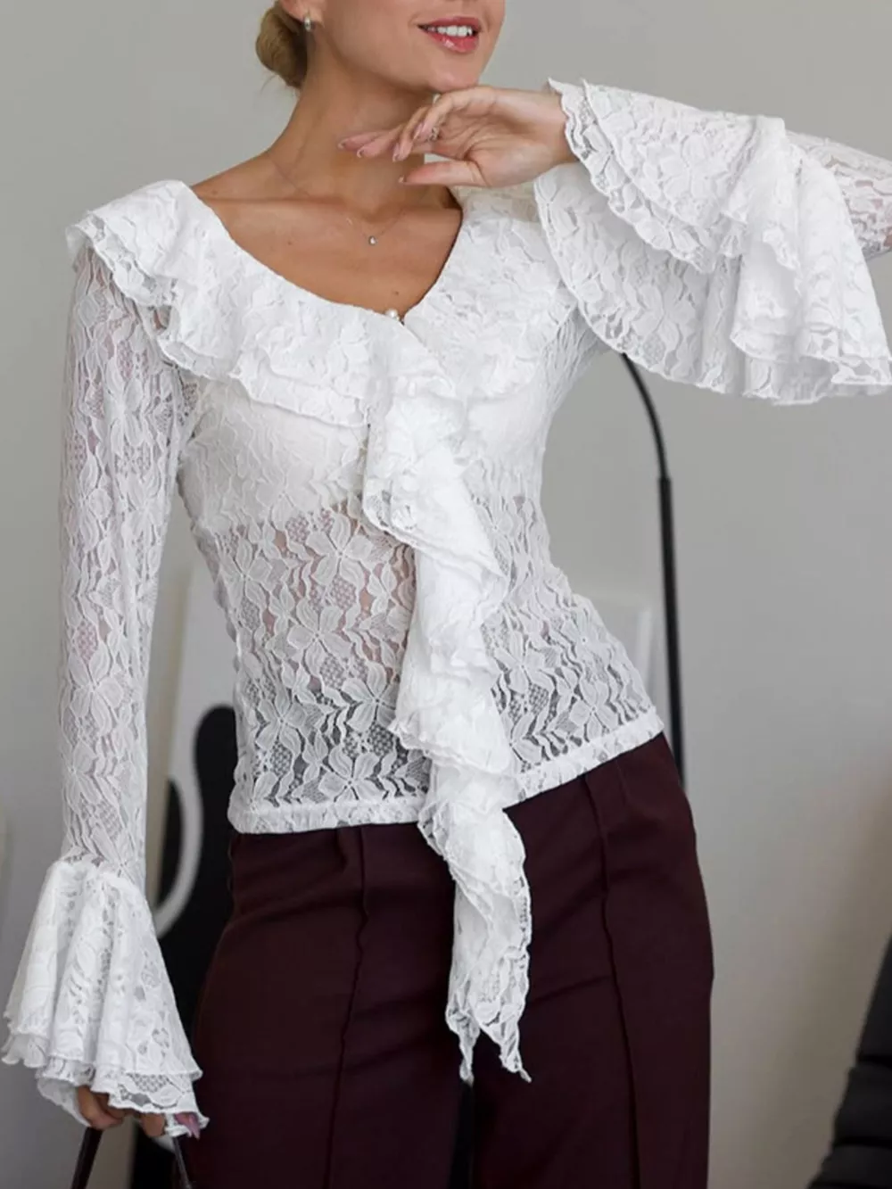 Lace V-Neck Flare Sleeve Blouse, image 6
