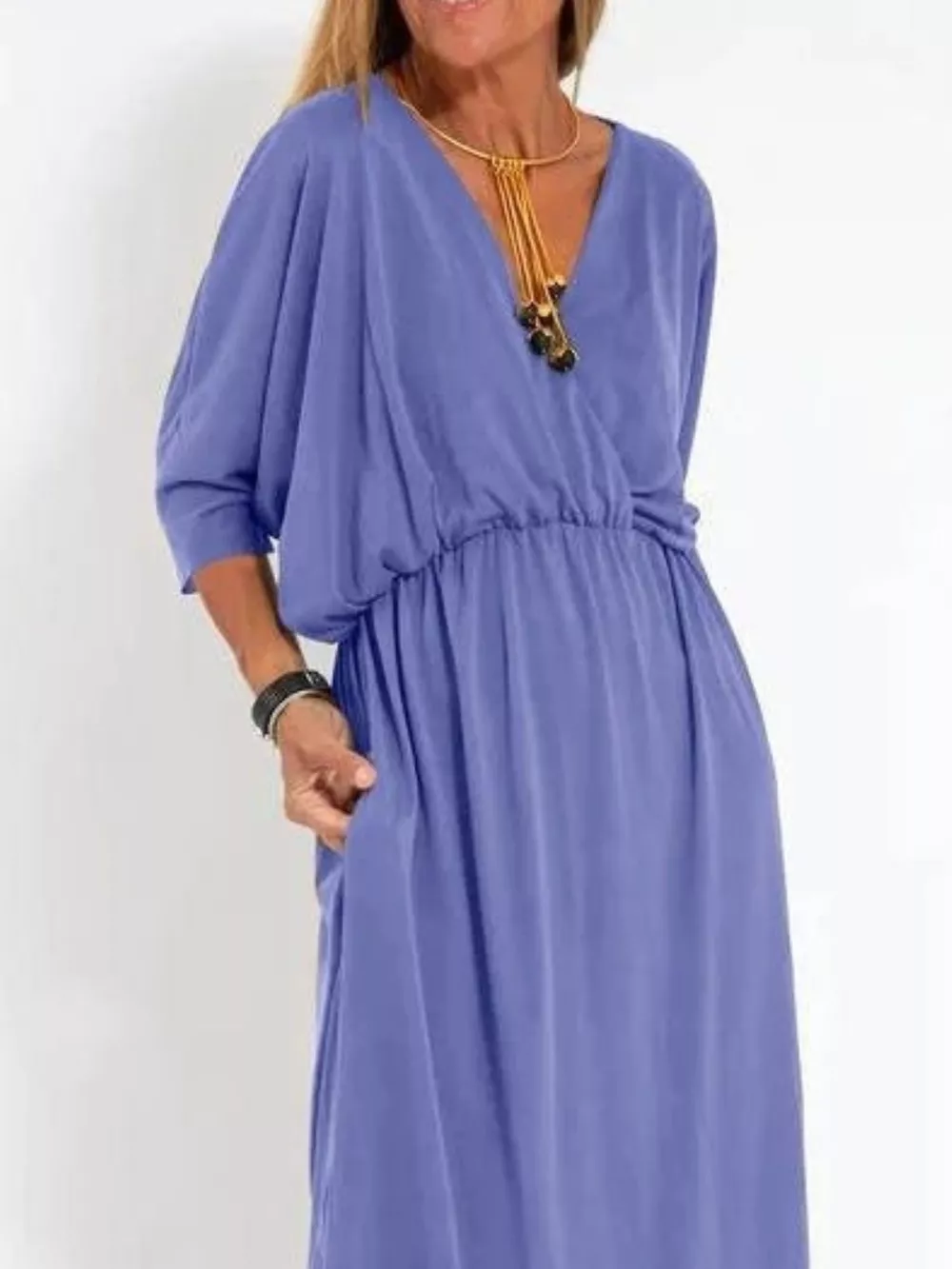 Full Size V-Neck Batwing Sleeve Maxi Dress with Side Slits Plus Size, image 14