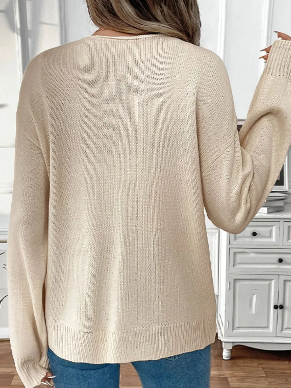 Tied Round Neck Long Sleeve Cardigan, image 4
