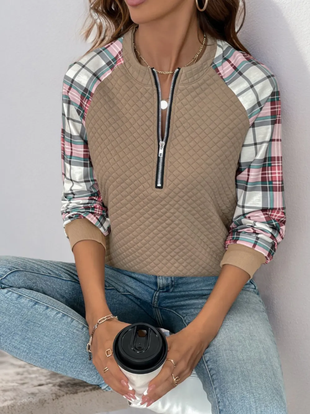 Plaid Half Zip Long Sleeve Texture Sweatshirt, image 5