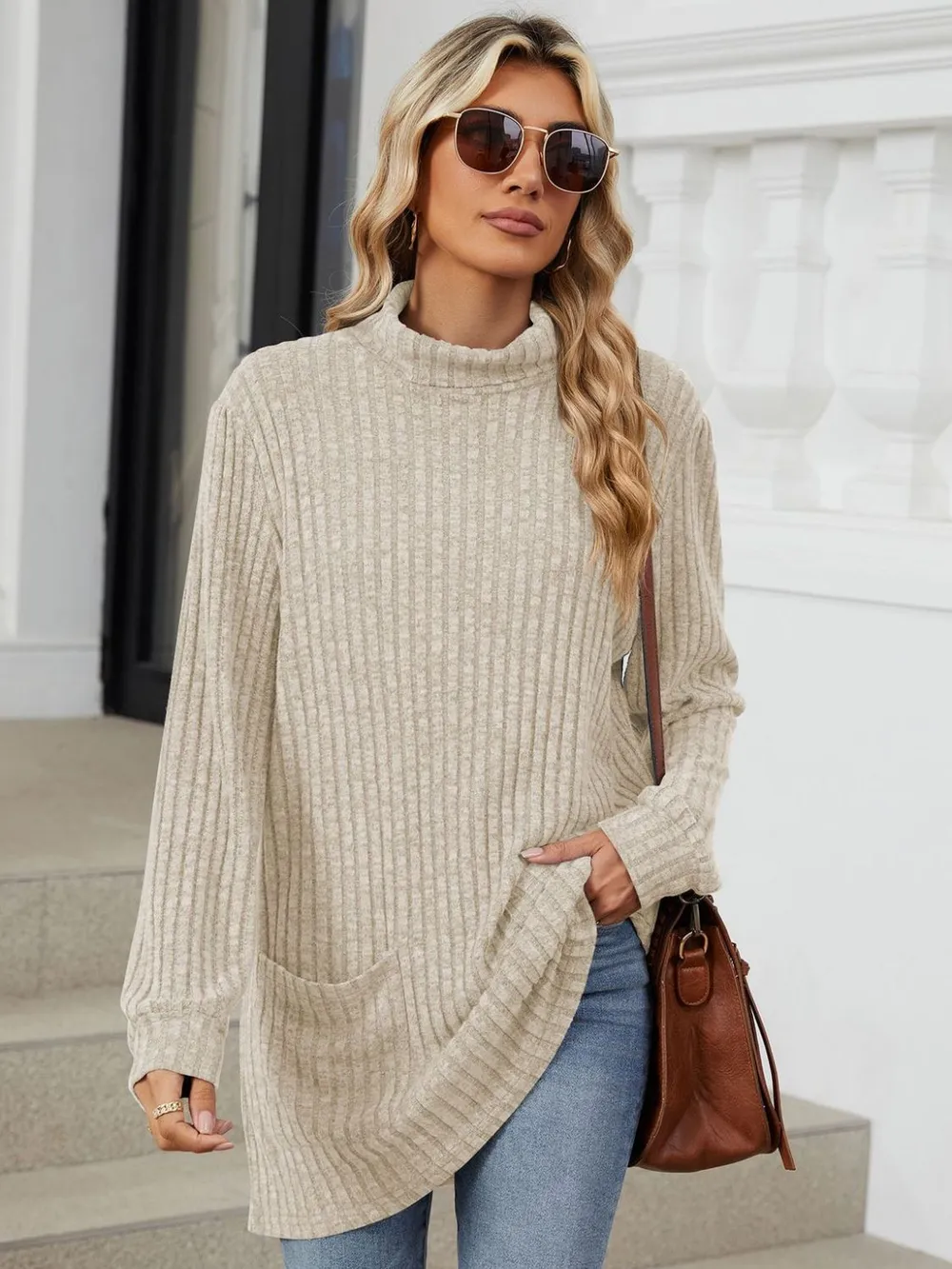 Ribbed Mock Neck Long Sleeve T-Shirt, image 8