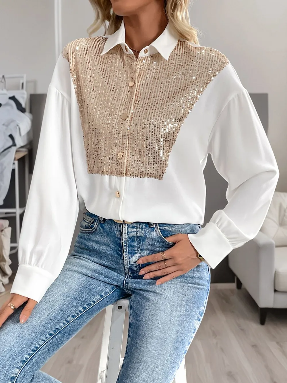 Sequin Contrast Collared Neck Long Sleeve Shirt, image 5