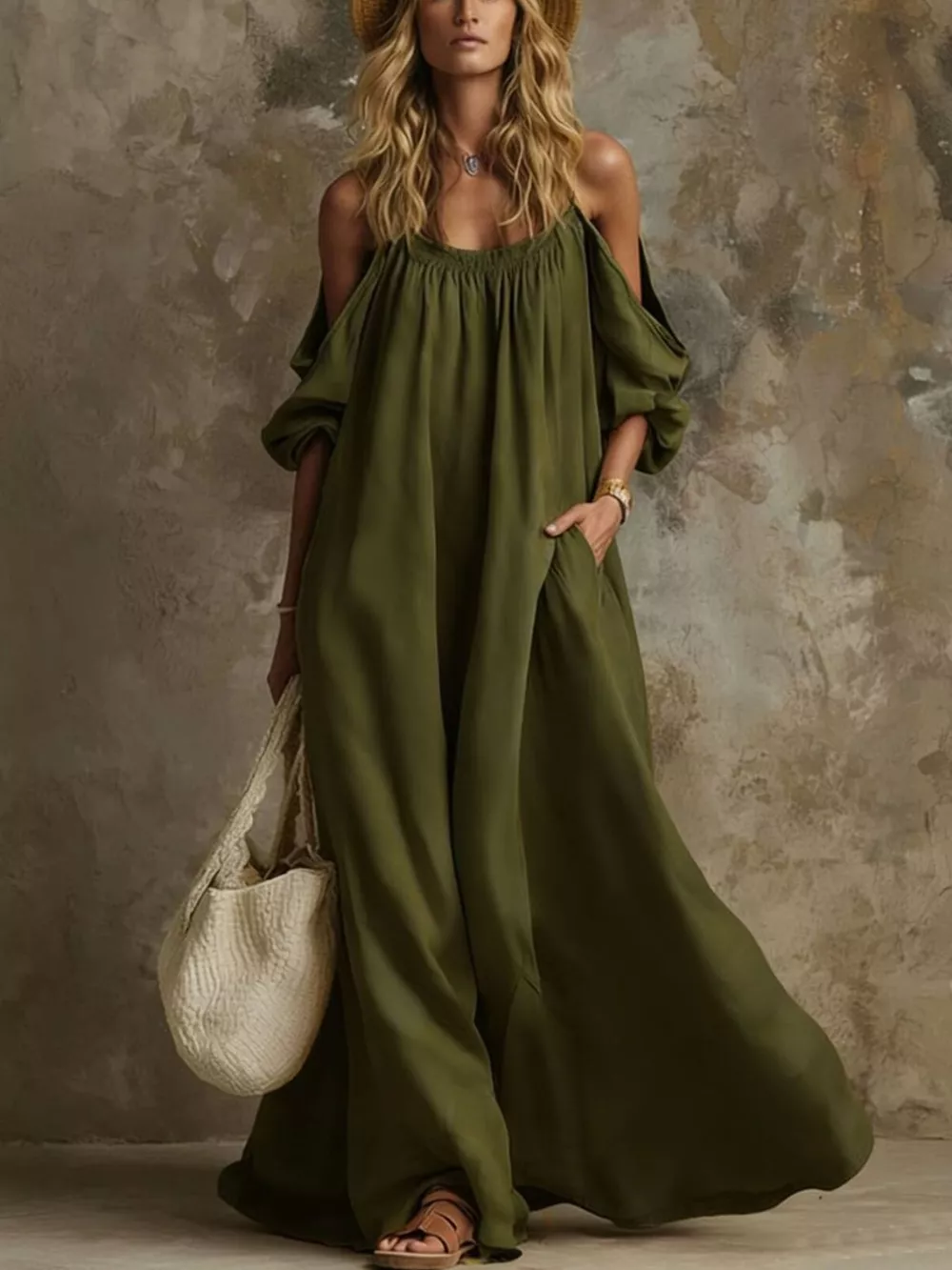Full Size Cold-Shoulder Linen Maxi Dress Plus Size