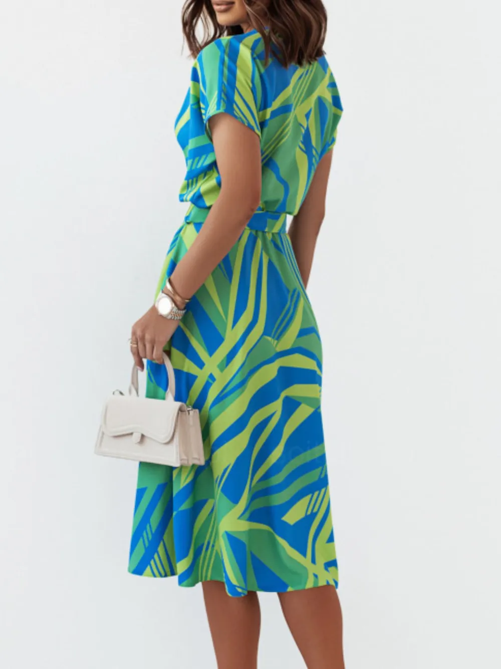 Printed Button Front Midi Dress with Belt, image 6