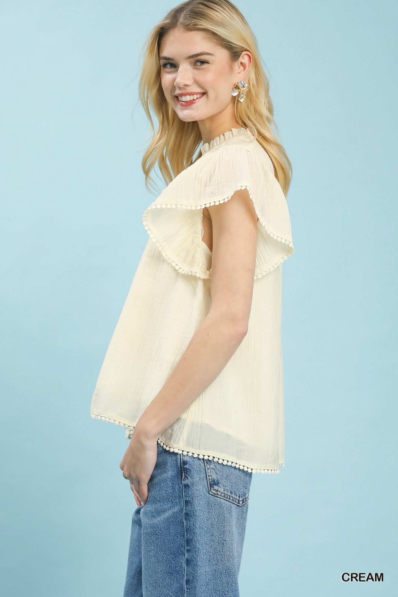 Flutter Sleeve Relaxed Top with Trim Detail, image 2