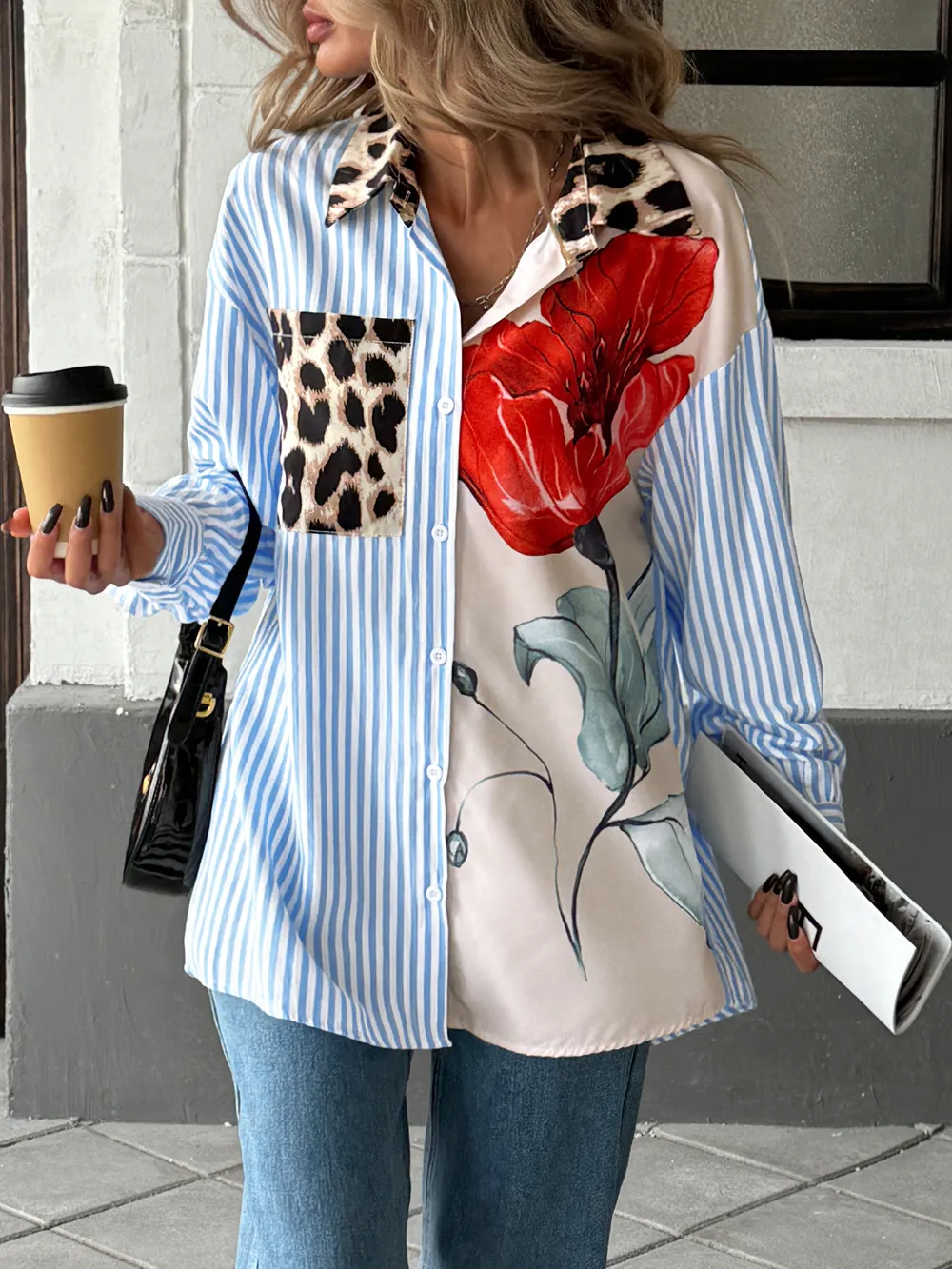 Leopard Floral Striped Casual Button-Up Shirt, image 5