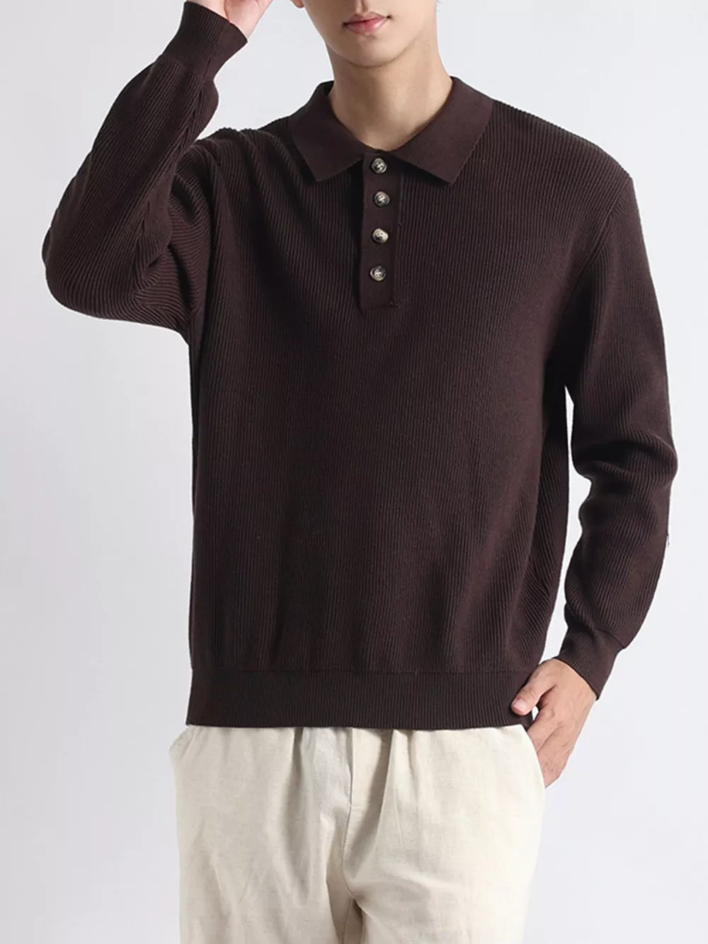 Men's Plus Size Ribbed Knit Polo Collar Sweater, image 6