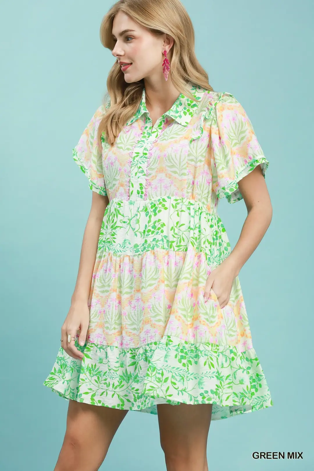 Mixed Floral Tiered Mini Dress with Flutter Sleeves, image 2