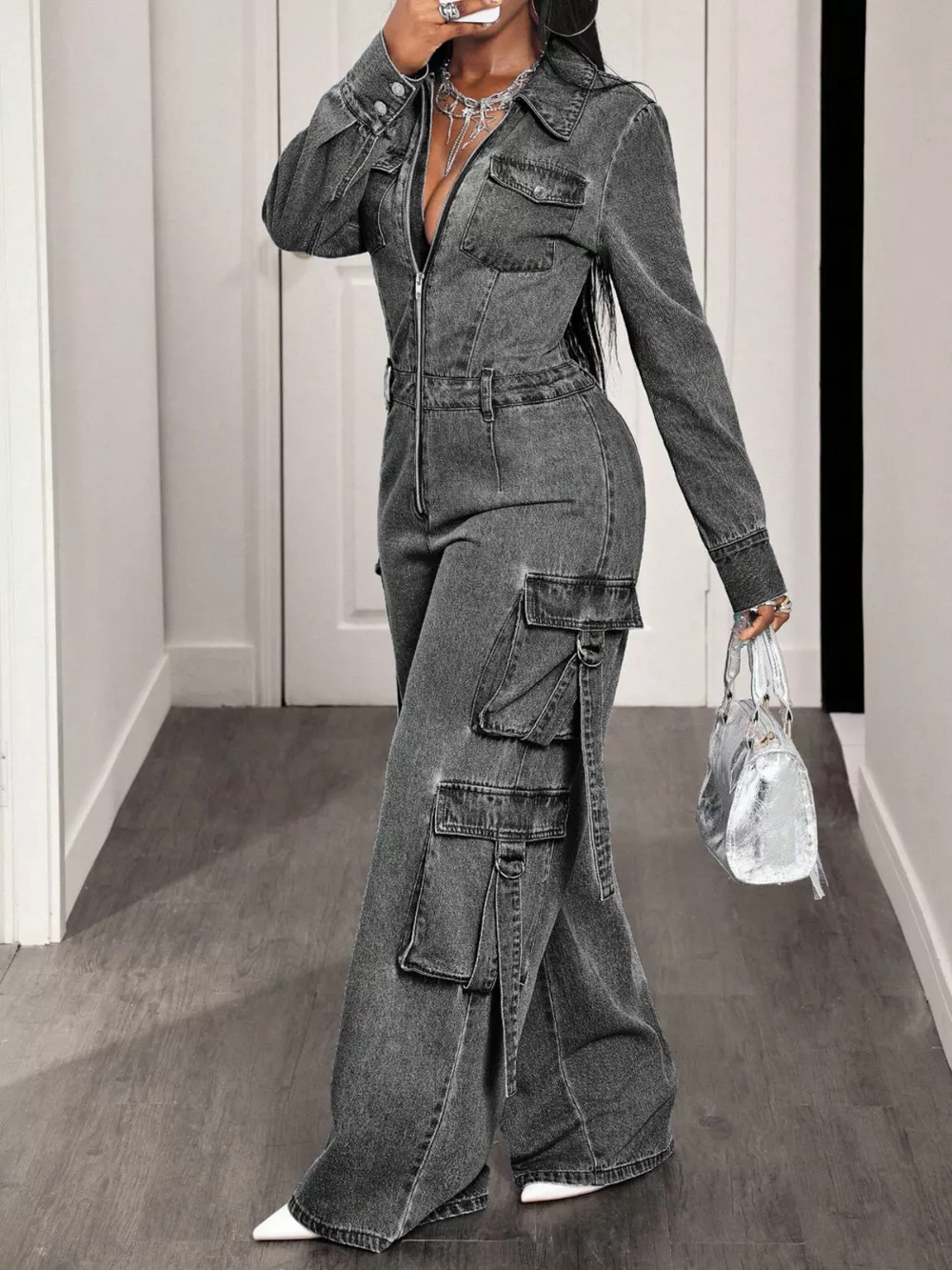 Zip Front Wide Leg Denim Jumpsuit, image 3