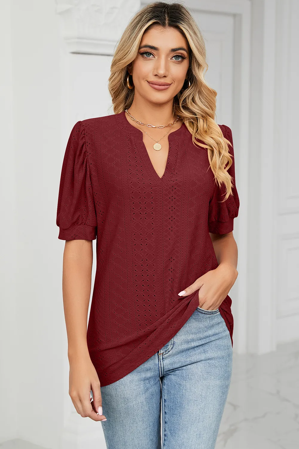 Eyelet Notched Short Sleeve T-Shirt, image 10