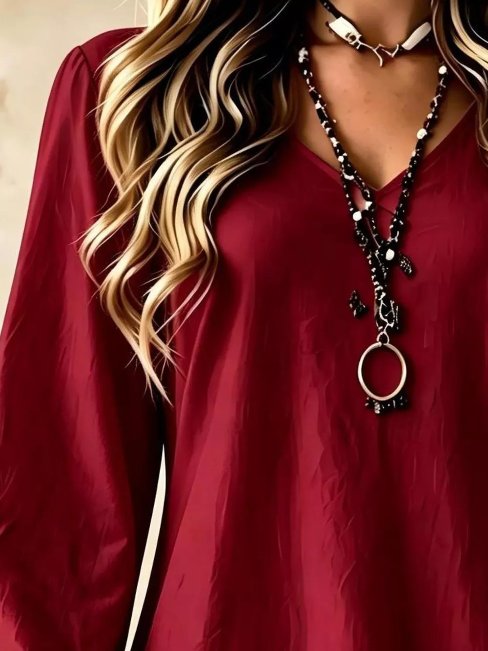 V-Neck Long Sleeve Ruffle Hem Lace Detail Dress, image 4