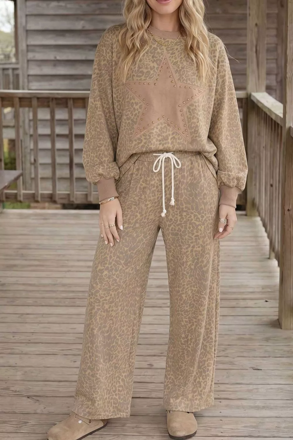 Leopard Print Star Embellished Sweatshirt and Pants Set, image 2