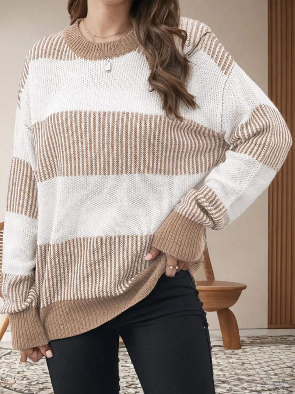 Striped Round Neck Long Sleeve Sweater, image 10