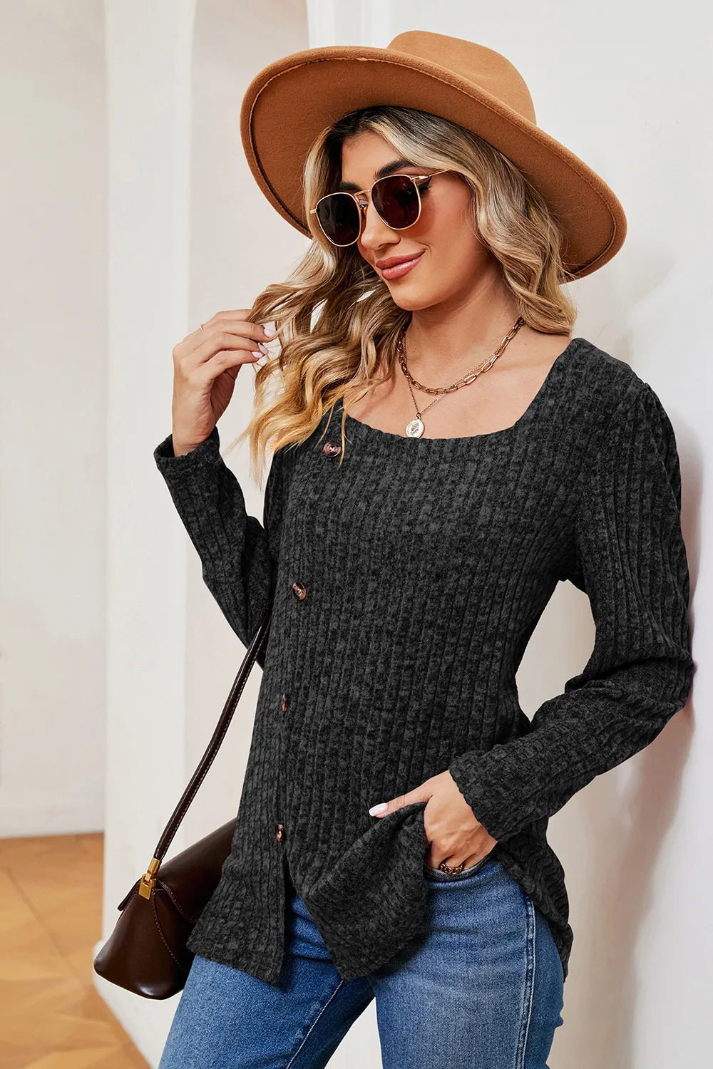 Decorative Button Square Neck T-Shirt, image 8
