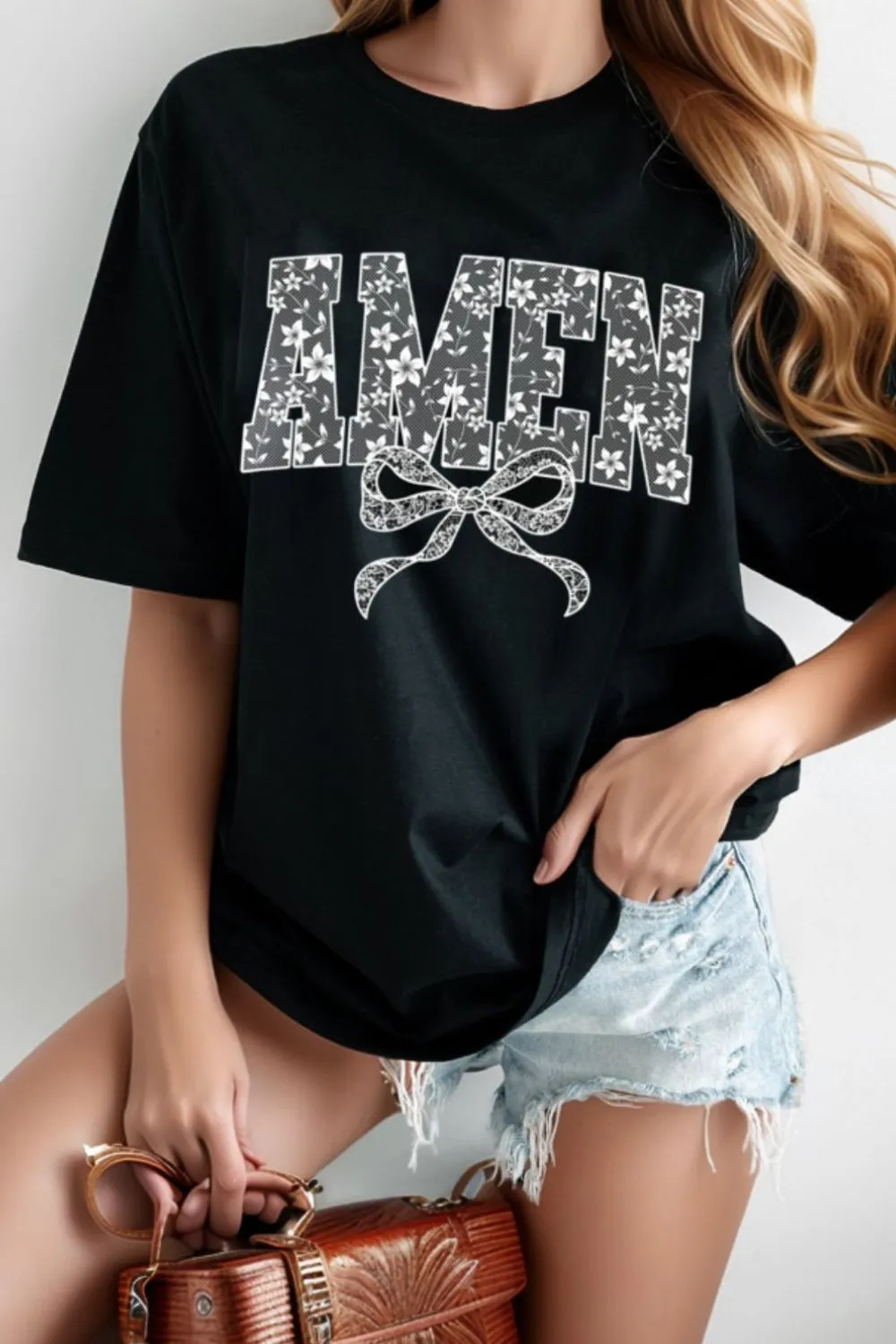 AMEN Bow Round Neck Short Sleeve T Shirt