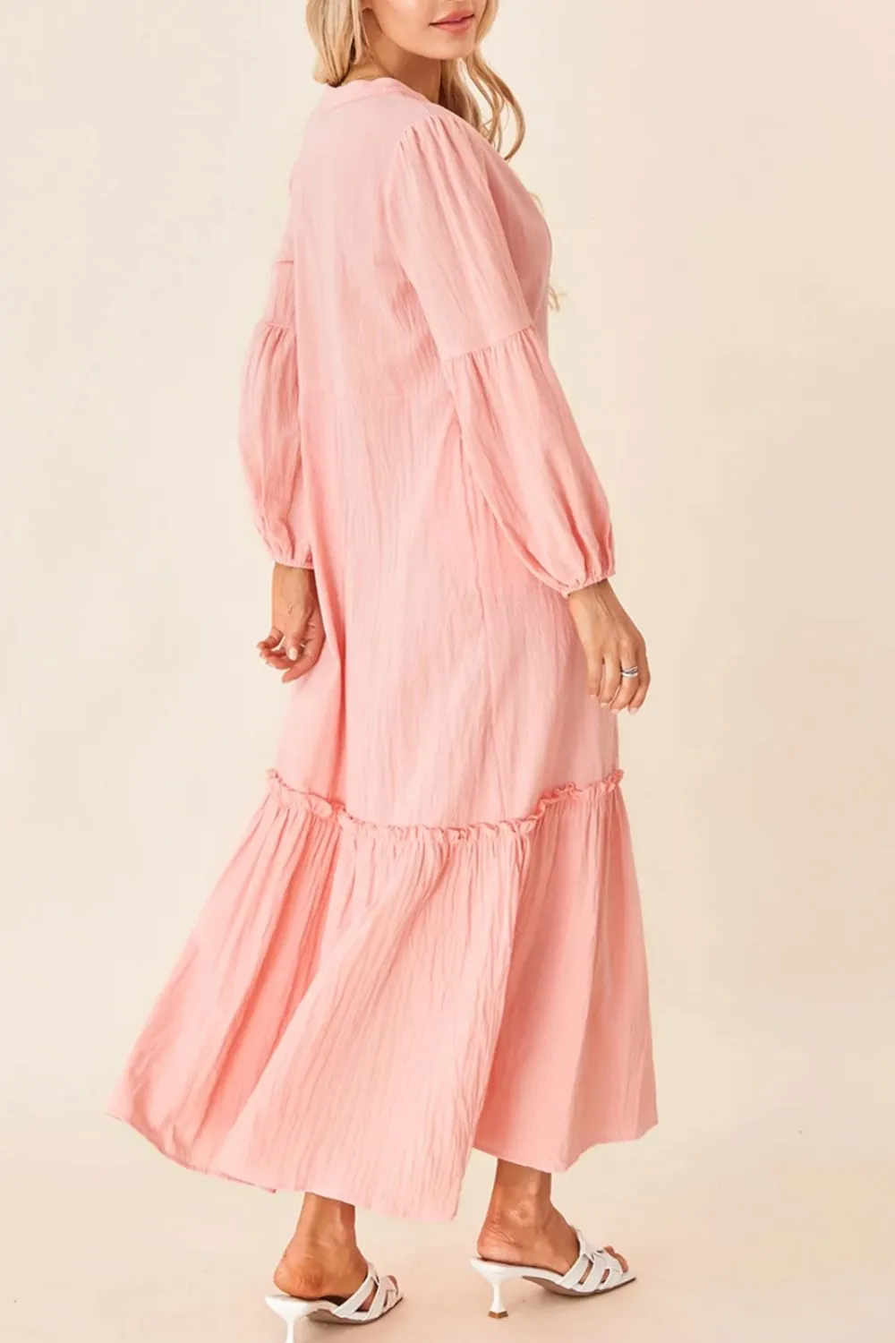 Frill Tiered Tie Neck Long Sleeve Dress, image 2