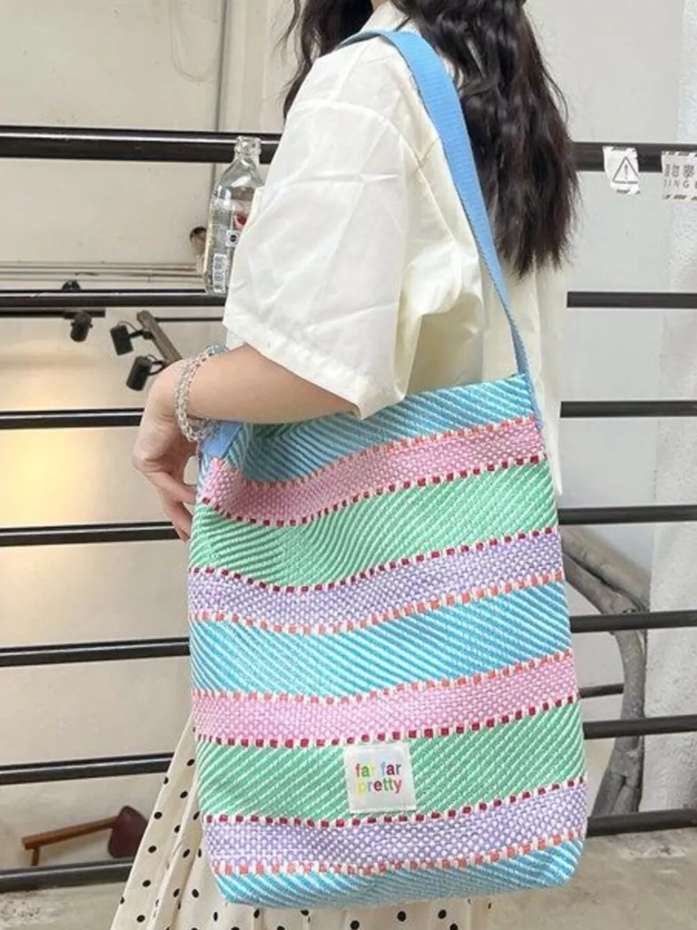 Striped Woven Shoulder Bag with Adjustable Strap, image 6