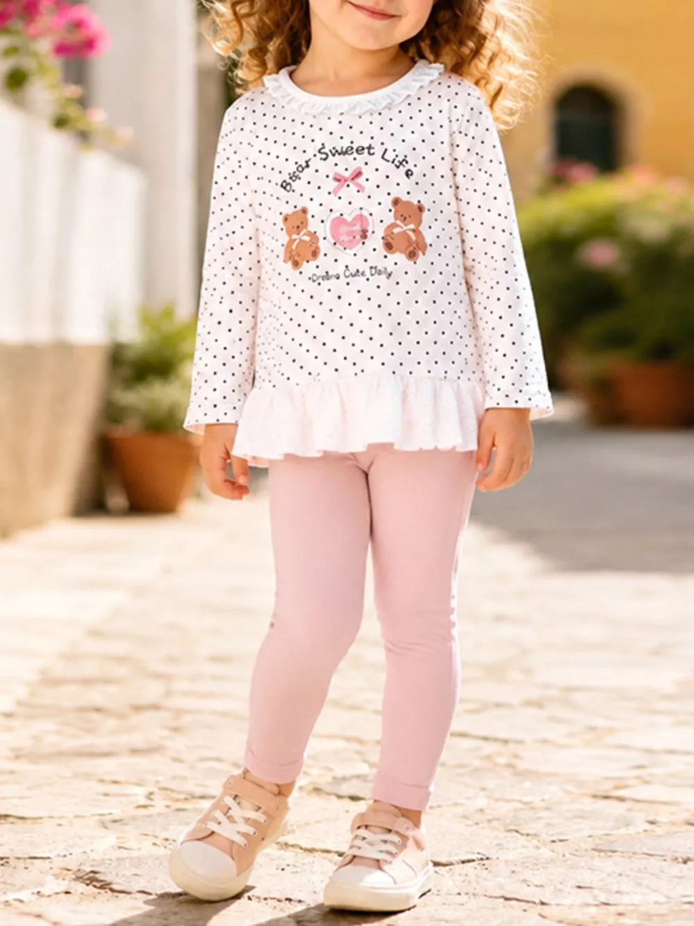 Children's Polka Dot Bear Long-Sleeve Top and Leggings Set