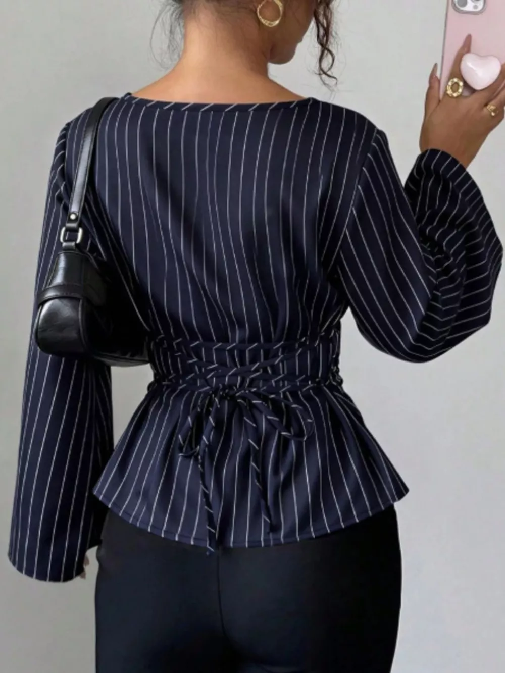Elegant Pinstriped Bell Sleeve Blouse with Back Lace Up, image 12