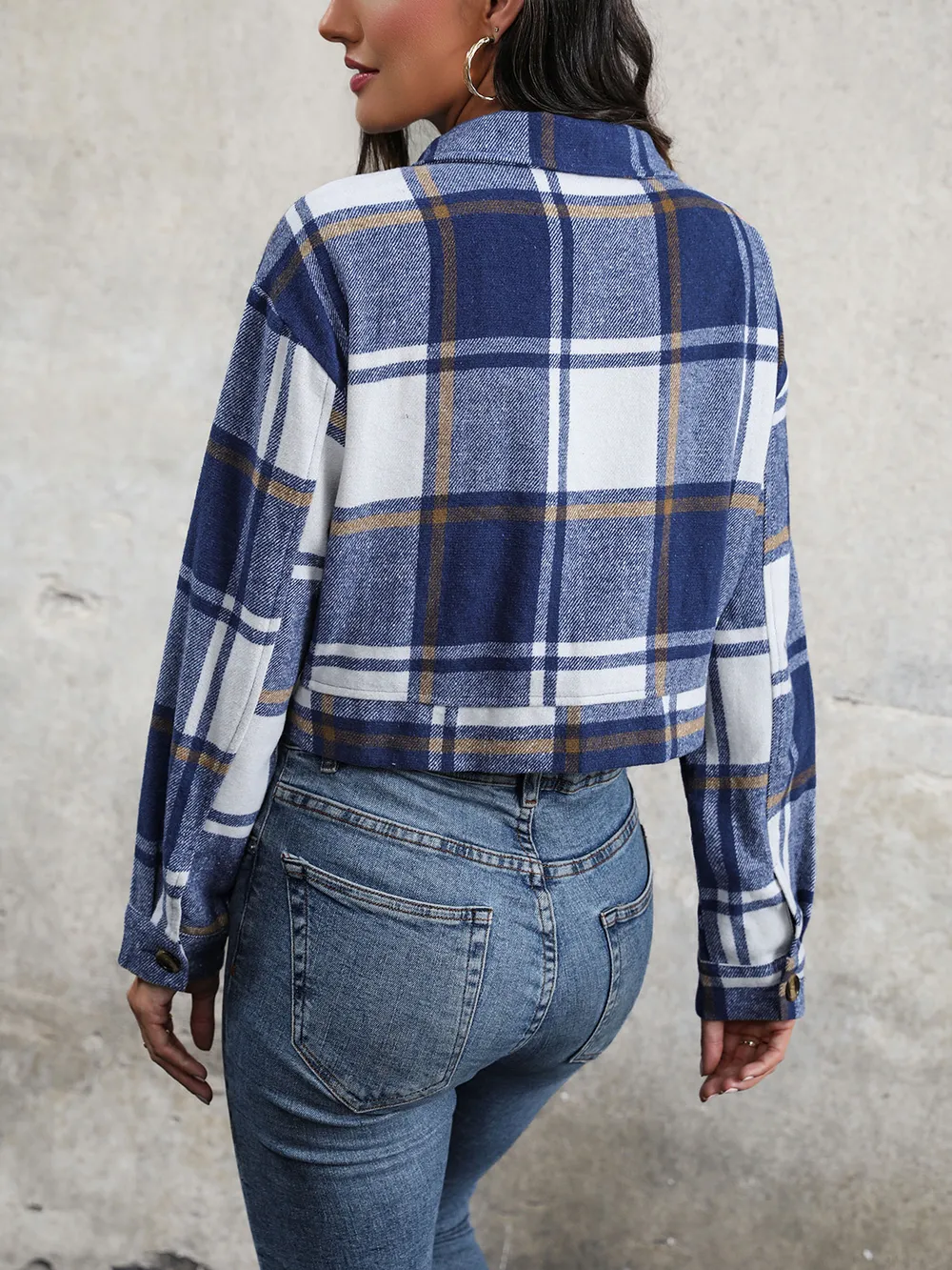 Plaid Button Up Drop Shoulder Cropped Jacket, image 19